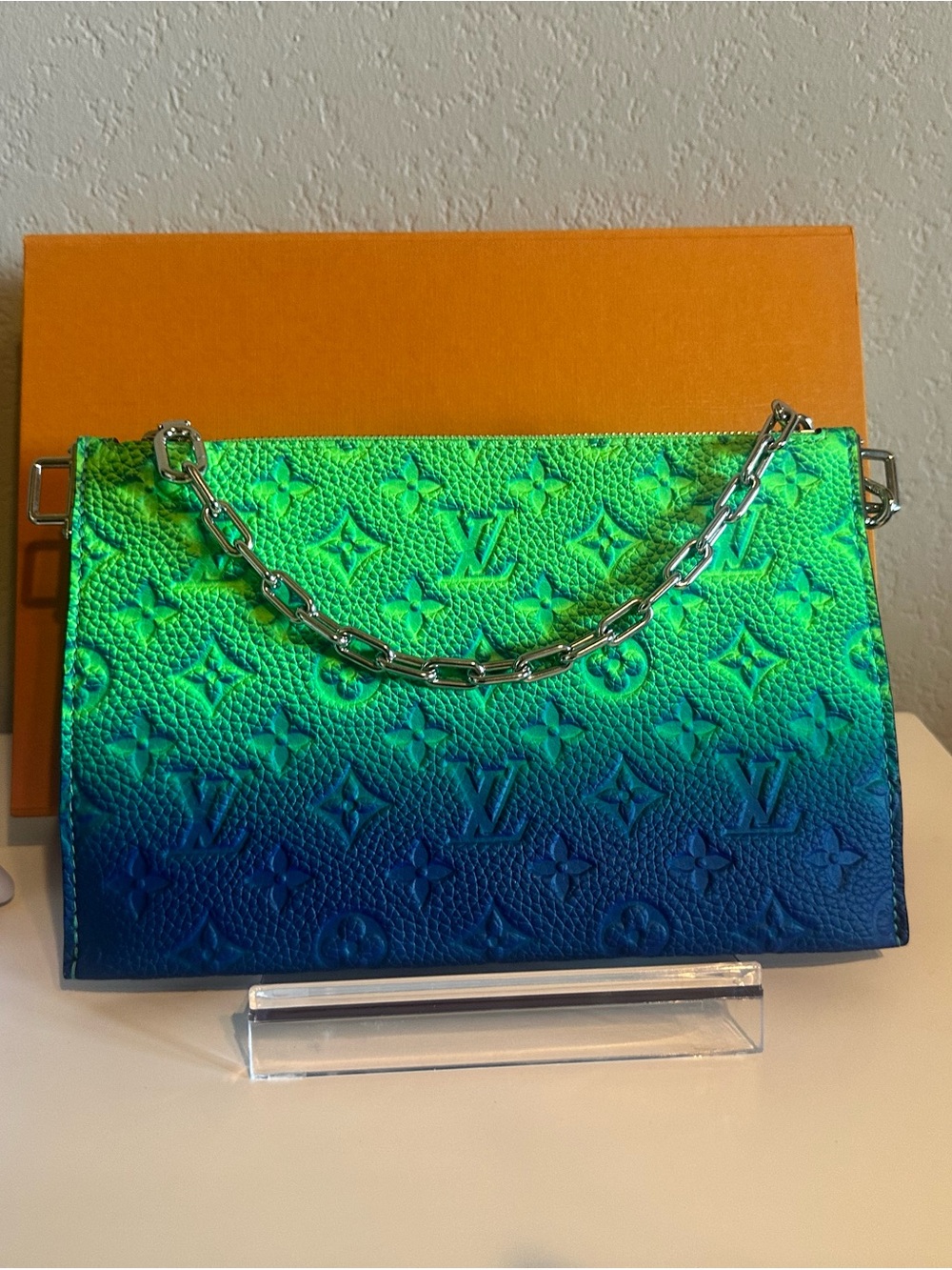 💙💚🩶 Louis Vuitton Blue Green Neon Pouch on Silver Chain - flawless with box, COA